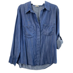 Jennifer & Grace Top Womens Large Blue Button Down Roll Tab Sleeve Blouse Casual